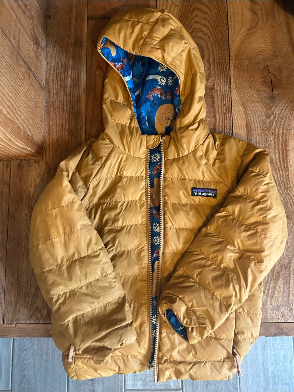 Patagonia Kids Mustard Yellow Hooded Reversible Puffer Jacket 5T